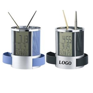 LCD Alarm Clock Time Temperature Display Pencil Pen Holder