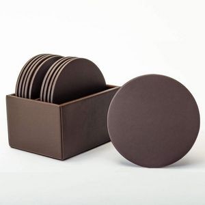 Classic Brown Round Leatherette Coaster Set w/Holder (10 Coaster Set)