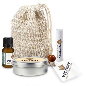 Loofah Bag with Essential Oil, Candle Tin, and Lip Balm