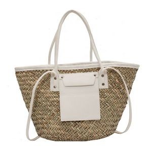 Women Straw Summer Beach Bag With Leather Strap and Rivet