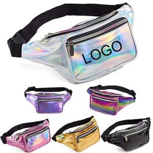 Water Resistant Holographic Laser PU Fanny Pack With 3 Pockets & Adjustable Belt 12 1/4"x5 1/2"x3"
