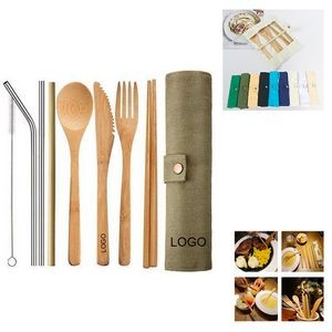 8-piece Eco-Friendly Natural Bamboo Cutlery Utensils Set With Foldable Canvas Pouch