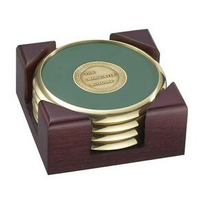 4 Round Solid Brass Coasters w/Solid Cherry Wood Square Stand