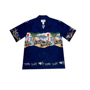 Navy Hawaiian Border Print Cotton Poplin Shirt w/ Button Front