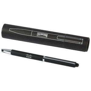 Twist action thinline metal ball point pen with stylus, engraves silver, packaged in matt black tube