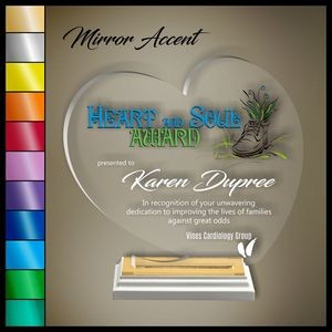 9" Heart Clear Acrylic Award, Color Printed in White Wood Mirror Accented Base