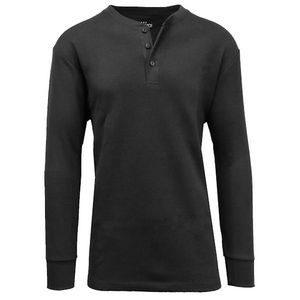Men's Henley Thermal Shirts - Black, S-XL, 3 Button (Case of 24)