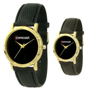 His or Hers Black Leather Strap Watch w/Black Face & Gold tone Case