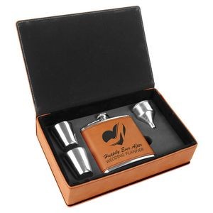 6 Oz. Rawhide Brown Laserable Leatherette Flask Gift Set