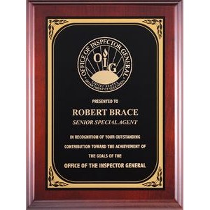 Cherry Piano Finish Plaque Series: Black-Gold Brass Plate, Leaf Border, 9"x12"