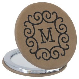 Light Brown Compact with Mirror, Laserable Leatherette, 2-1/2" Diameter