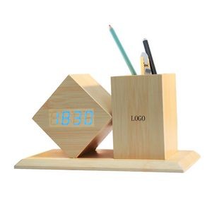 Bamboo Alarm Clock With Pen Holder