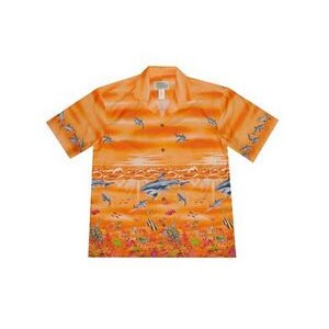 Orange Hawaiian Border Print Cotton Poplin Shirt w/ Button Front