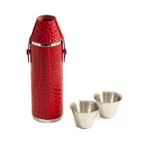 10 Oz. Red "Croco" Leather Cylinder Flask w/Cups