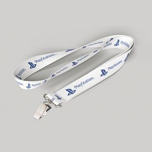 5/8" White custom lanyard printed with company logo with Bulldog Clip attachment 0.625"