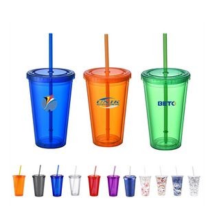16 Oz Plastic Double Wall Insulated Bottle Cup With Straw