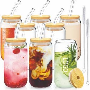 16OZ. Drinking Glasses with Bamboo Lids and Glass Straw