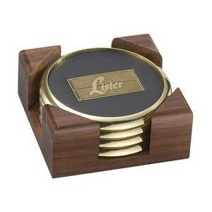4 Round Solid Brass Coasters w/Solid Walnut Wood Square Stand