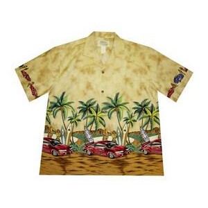 Cream Hawaiian Border Print Cotton Poplin Shirt w/ Button Front