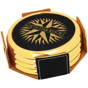 3 7/8" Round w/Gold Edge Black/Gold Leather Coaster Set