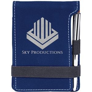 3 1/4" x 4 3/4" Blue/Silver Laser Engraved Leatherette Mini Notepad with Pen