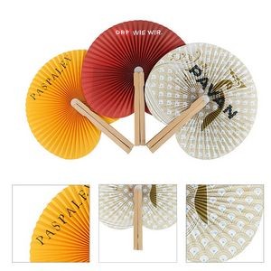 Folding Round Accordion Paper Fans With Wooden Handle