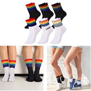 Mid Calf Polyester Rainbow Stripe Socks