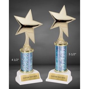 12" Blue Star Column Assembled Trophy W/ Figure on White Base W/ Engraved Plate