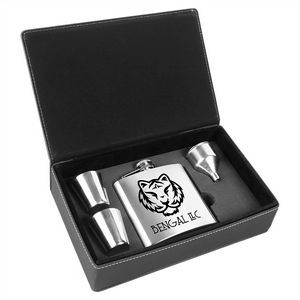 Laserable Stainless Steel in Black-Silver Leatherette Box 6 Oz. Flask Gift Set