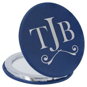 Blue/Silver Compact with Mirror, Laserable Leatherette, 2-1/2" Diameter