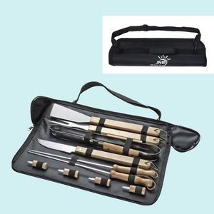 11-Piece Wooden Handles BBQ Tool Set with Carrying Bag