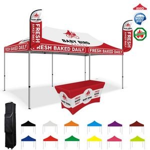10' x 20' Pop Up Tent with table cover and feather flags
