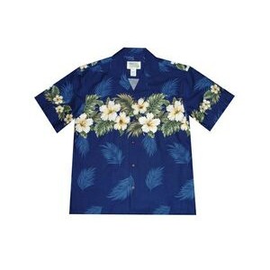 Navy Hawaiian Border Print Cotton Poplin Shirt w/ Button Front