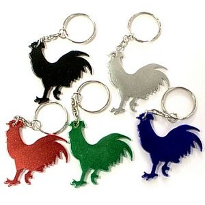Rooster shape aluminum bottle opener with keychain.