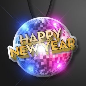 "Happy New Year" Disco Ball Blinkies on Black String Lanyard - BLANK