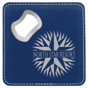 Square Blue/Silver Laser Engraved Leatherette Coaster with Bottle Opener (4" x 4")