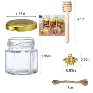 1.5 Oz Hexagon Glss Jar with Wood Gold Lid, Dipper, Bee Pendants, Jutes