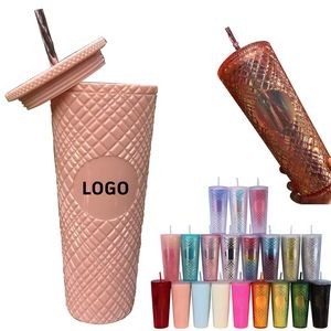24 Oz. Plastic Shining Double Layer Durian Tumbler Cup w/Lid & Straw