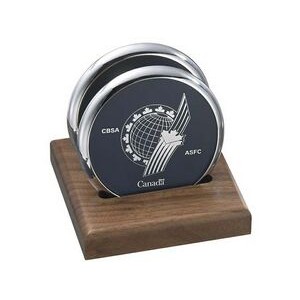2 Round Solid Chrome Coasters w/Solid Walnut Wood Flat Stand