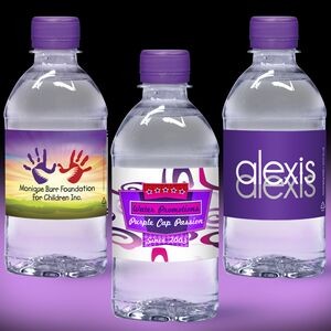 12 oz. Custom Label Water w/Purple Flat Cap - Clear Bottle