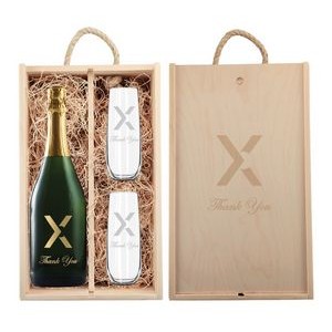 Laser-Engraved Wood Box w/Custom Etched Sparkling Wine w/Color Fill + Flutes