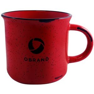 Campfire 16oz red mug with black distress trim white speckles in Ripple gift box