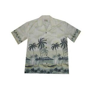 Gray Hawaiian Border Print Cotton Poplin Shirt w/ Button Front