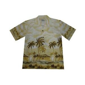 Yellow Hawaiian Border Print Cotton Poplin Shirt w/ Button Front