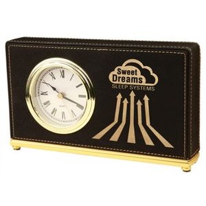 Leatherette Horizontal Desk Clock-Black/Engraves Gold.