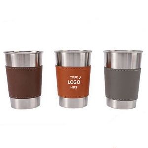 10oz Stainless Steel Drinking Cup with Leather Sleeve