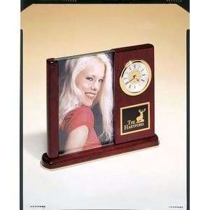Rosewood Desk Clock w/ Glass Picture Frame (6 3/4"x8 1/2")