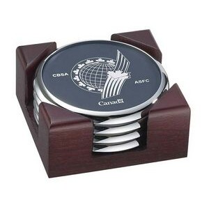 4 Round Solid Chrome Coasters w/Solid Cherry Wood Square Stand