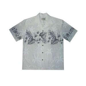 White/Black Hawaiian Border Print Cotton Poplin Shirt w/ Button Front