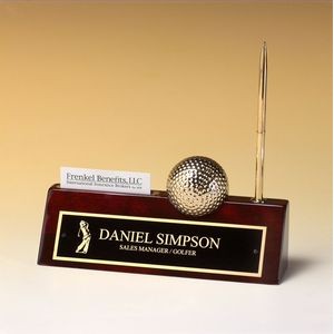 Golf Ball/ Clock on Rosewood Nameplate w/ Business Card Holder & Pen